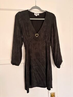 Rouje Black Floral Jacquard V-Neck Mini Dress with Gold Heart